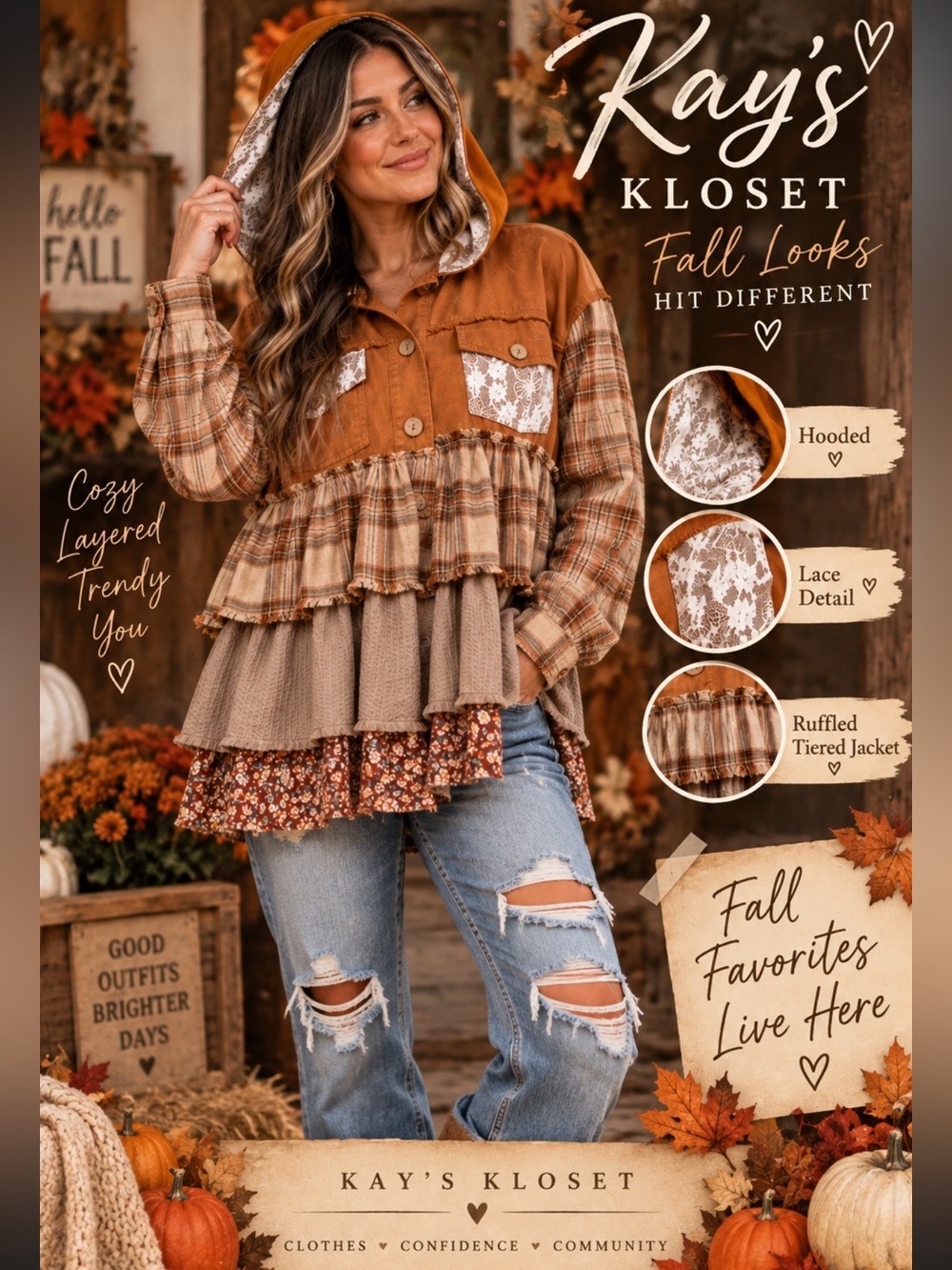 BW8–🧡🤎 Women's Rust Plaid Ruffled Hooded Tiered Jacket